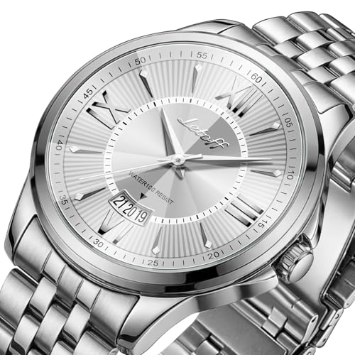 Image of Letoff Men's Analog Watch,Tool-Free Adjustable Clasp, Water Resistant 100ft, Roman Numeral Dial, Stainless Steel Case & Strap, Perfect for Business & Casual Wear