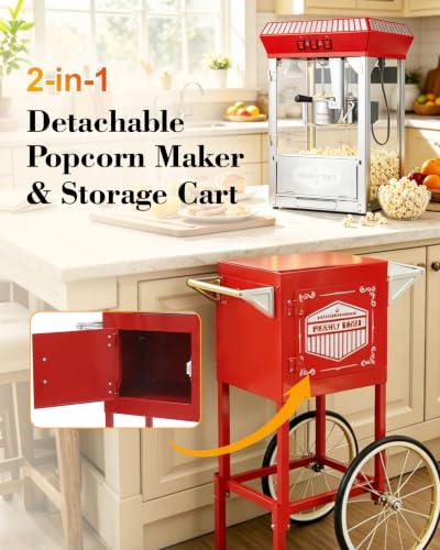 Image of Large Popcorn Machine with Cart: 12 Oz Vintage Commercial Popcorn with Foldable Stand Makes Up to 48 Cups, 3 Serving Cups, Measuring Cups & a Scoop for Home Party Office, Bright Red