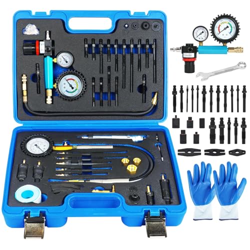 Diesel Compression Tester Kit 47pcs Petrol & Diesel Engine Compression Tester Small Engine Cylinder Leak Down Tester with Compression Gauge, Leak Detector, Gloves, for HDI/TDCi/Pumpe Duse Engine
