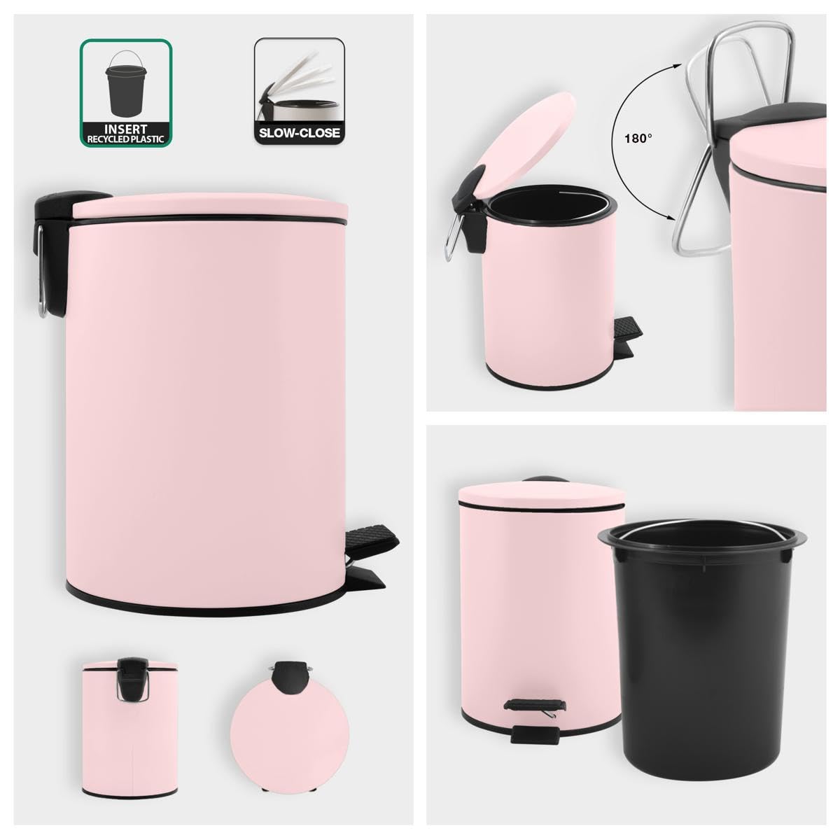 Spirella Adelar Bin 3 Litres Stainless Steel with Automatic Close and Inner Bucket, Soft Close, Matte Pink