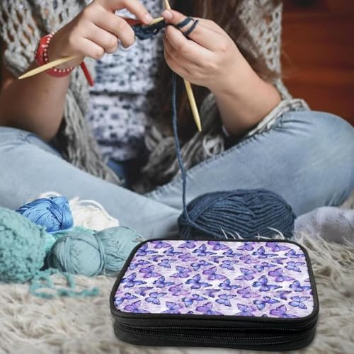 Image of Purple Butterfly Crochet Hook Case PortableKnitting Needle Organizer with Web Pockets Crochet Hook Organizer for Crochet Hooks, Knitting Needles,Knitting Crochet Supplies