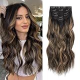 Fliace Synthetic Clip in Hair Extensions, 6PCS Natural &Soft Hair& Blends Well Lonng Wavy Hairpieces(20inch,6pcs, Black with Brown Highlights)