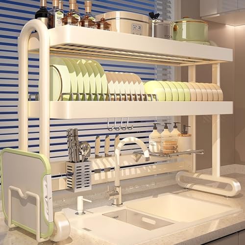 Escurridor de platos de acero inoxidable de 2 niveles sobre el fregadero, ahorra espacio, para platos y platos, diseño resistente a la corrosión para una máxima eficiencia
