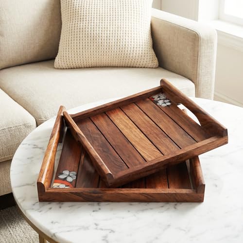 Image of AAKRITI ART CREATIONS Classic Rosewood Serving Tray Set of 2 | Handcrafted Floral Art | Brown Wooden Trays & Platters with Handle | Matte Finish Home | Trays for Dining Table & Kitchen Organizer
