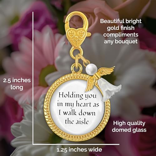 Wedding Bouquet Memorial Remembrance Charm with Angel and Quote Charm in my Heart as I Walk Down the Aisle Clip on Memory Wedding Day Bright Gold3