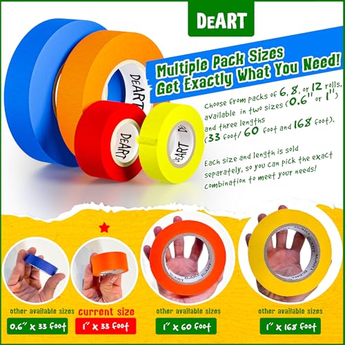 Image of DEART 8X Colored Masking Tape, 33 Ft x 1 inch Colored Painters Tape for Arts & Crafts Labeling or Coding, Craft Supplies Color Tape Rolls, Colorful Masking Craft Tape, Lab Tape (Pack of 3)