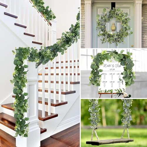 Xionghonglong 2 Stück Grün Eukalyptus Girlande Künstlich Kunstpflanzen Eukalyptus Deko 1,8m Hängepflanzen Mit Weiße Blumen Eukalyptusranke Für Hochzeitsbögen, Tischdekoration, Garten & Wohnen
