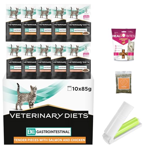 Gastrointestinal Cat Food Bundle with Veterinary Diet EN Salmon and Chicken(Total 10 pouches x 85 gram) Urinary Treats 65 gram plus UbiPet Catnip and Lint Roller