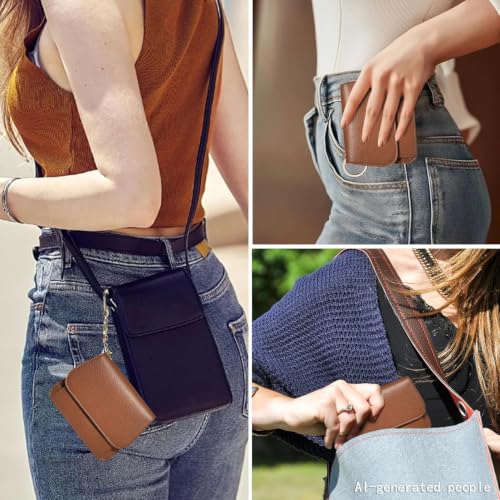 Image of Women Small Wallet RFID Blocking Slim Wallet with Coin Pocket Tri-Fold Credit Card Holder with ID Window and Keychain (Dark Brown)