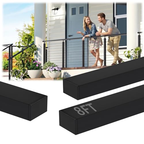 Zylorix 3Pack 8FT Stainless Steel T304 Black Handrail, 2\" W x 1\" H Rectangular Cuttable Handrail with End Cap Screw, Flat Top Rail for Indoor Outdoor Deck Stair Cable Railing System Post Kit