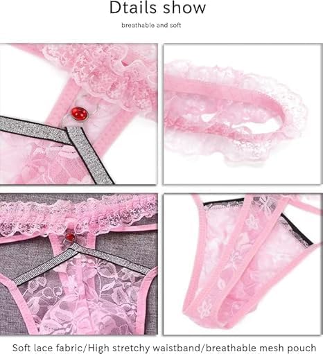 Men's lace-edged sexy underwear, transparent mesh shorts, feminine G-shaped lingerie, alluring fun lingerie, transvestite pink version