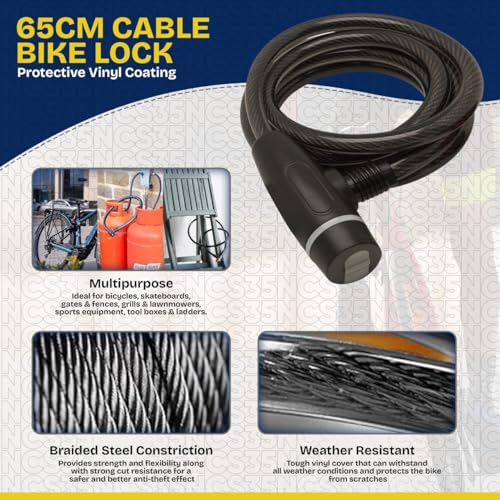NCS35® Random Colours Heavy-Duty Bicycle Wire Lock 80cm Overall Length, 65cm Wire Length Anti-Theft Steel Cable with Plastic Coating Includes 2 Keys Ideal for Bikes, Scooters, Bicycle, Gates - Image 2
