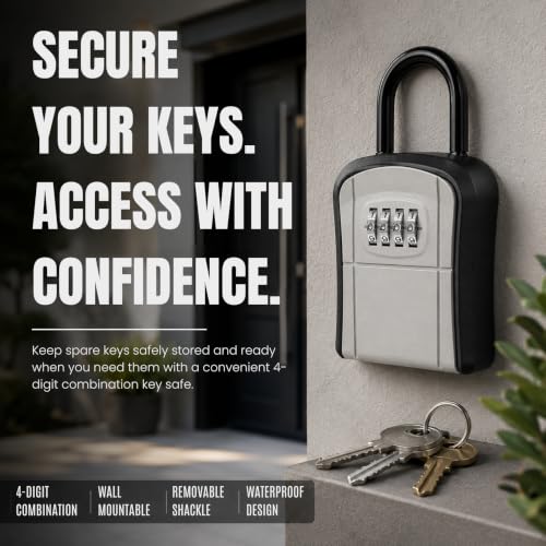 Image of Karomouj 4-Digit Password Key Safe | Waterproof Wall-Mounted Lock Box | Secure Spare Key Storage Holder for Home, Garage, Office, Garden & Outdoor Areas, Portable Design | 1 Pack | Silver