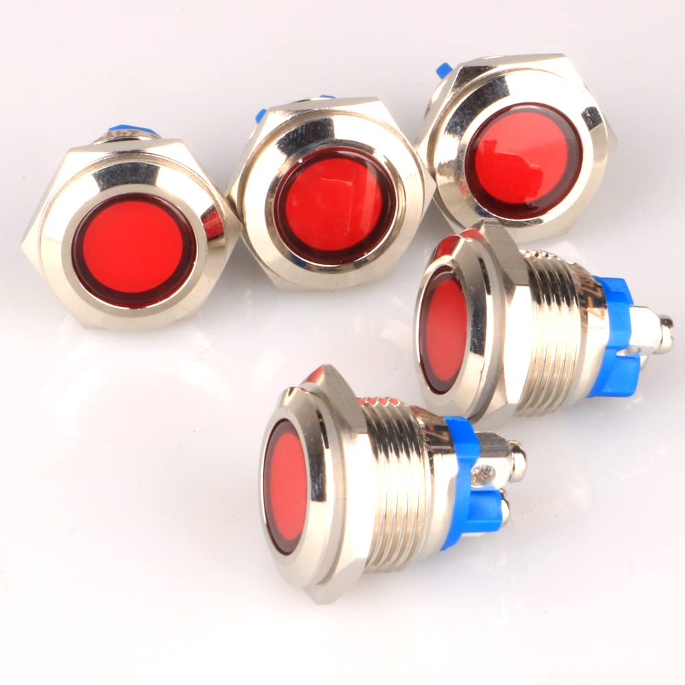 GUUZI 5 pezzi 12V-24V 16mm LED Indicatore Luminoso in Metallo Lampada di Segnalazione Impermeabile con Cavo(Rosso)