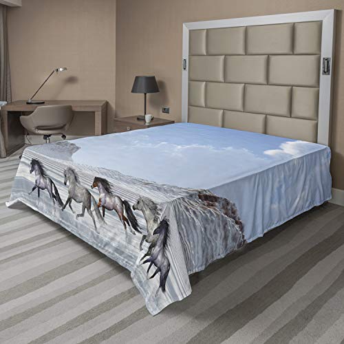 Ambesonne Horses Flat Sheet, Herd of Wild Noble Horses Run in The Snows of a Fresh Winter Day Glorious Picture, Soft and Comfortable Top Sheet Decorative Bedding 1 Piece, Full Size, Blue White