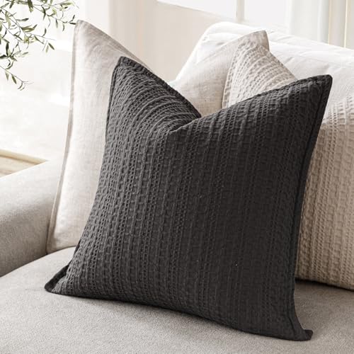 Image of Foindtower Set of 2 Decorative Cotton Waffle Weave Throw Pillow Covers Euro Shams Cushion Covers Accent European Pillowcase for Bed Couch Sofa Bedroom Living Room Home Decor 22x22 Inch Dark Grey