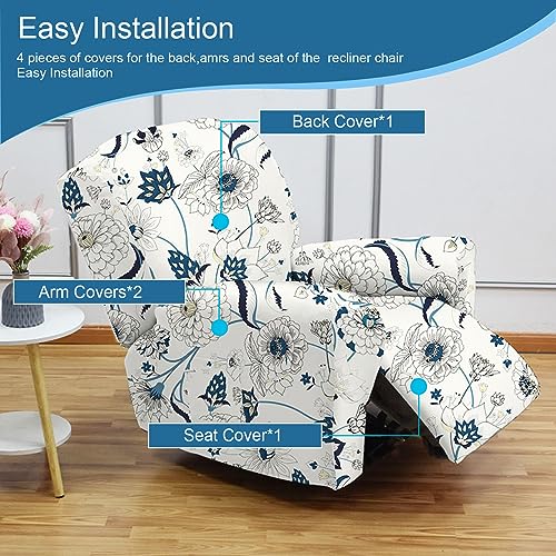 NILUOH Recliner Covers 4-Pieces Stretch Lazy Boy Recliner Chair Covers with Pocket Floral Pattern Reclining Slipcovers Soft Sofa Slipcover Furniture Protector for Pets Kids (Recliner, Pattern 31) - Image 4