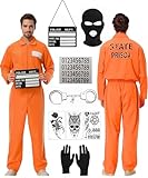 Sträfling Kostüm Herren Damen, Orange Prisoner Costume Häftling Kostüm,Sträfling Gefängnis Overall mit Namensschild und Handschellen,für Erwachsene Halloween Faschingskostüme Gefangener Cosplay