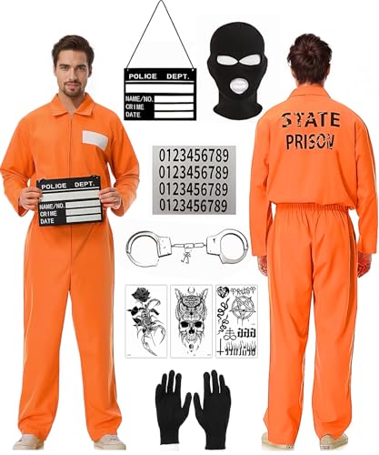 Sträfling Kostüm Herren Damen, Orange Prisoner Costume Häftling Kostüm,Sträfling Gefängnis Overall mit Namensschild und Handschellen,für Erwachsene Halloween Faschingskostüme Gefangener Cosplay