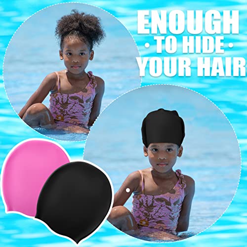 Swimming Cap 2 Pack Silicone Swim Cap For Braids And Dreadlocks Girls Silicone Waterproof Swim Cap Shower Cap For Kids Teens With Long Hair Weaves Hair Extensions Curls (Black, Pink,M) #TOP2