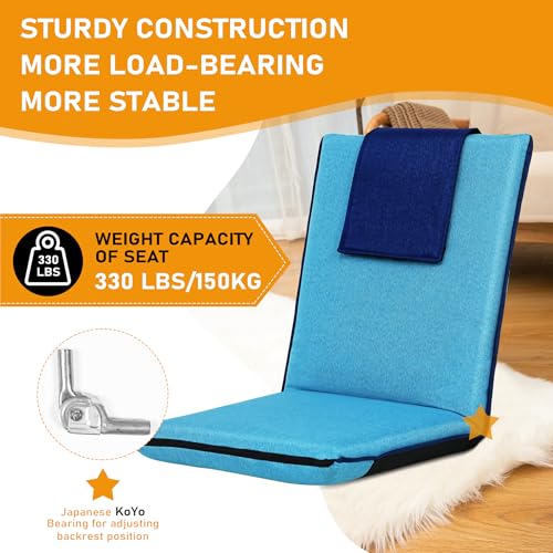 Image of FASTMOMENT Floor Chair with Back Support 14-Position Adjustable Floor Chair Portable Ground Seating for Adults Foldable Meditation Seat with Japanese KOYO Bearings & Washable Linen Cover (Bright Blue)