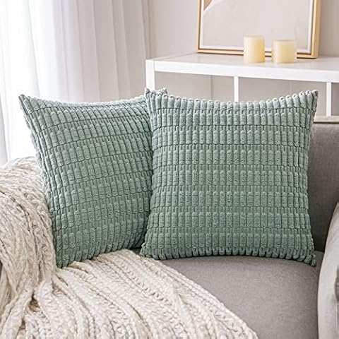 ANRODUO Pack of 2 Corduroy Decorative Throw Pillow Covers 20x20 Inch for Couch Bed Living Room, Soft Striped Square Cushion Case, Neutral Throw Pillows, Rustic Farmhouse Boho Home Decor, Dusty Green Cover