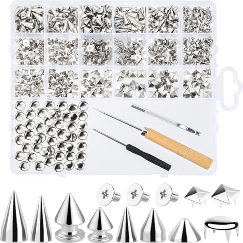 NEBURORA 440-teiliges Punk Spikes und Nieten Set für Kleidung Metall-Ledernieten quadratische Pyramiden-Kuppelnieten DIY-Punk-Stil Kleidung Schuhe Jacke Kragen