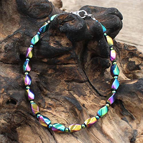 Rainbow Hue Twisted Hematite And Round Artisan Beaded Anklet With Extension | Handmade Hypoallergenic Beach Gala Wedding Style Jewelry #TOP2