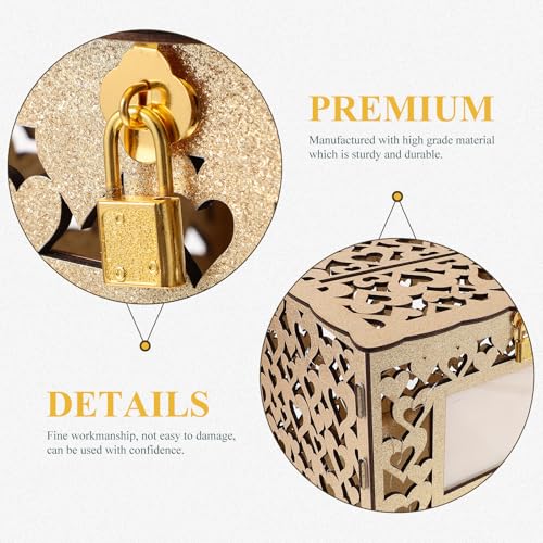 Caja para tarjetas de boda dorada con estructura metálica y base de madera 4