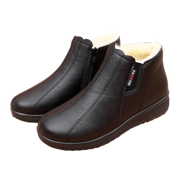 Womens Leather Fleece Wedge Cotton Ankle Boots Side Zipper Warm Comfortable Shoes Waterproof Non-Slip Snow Boots