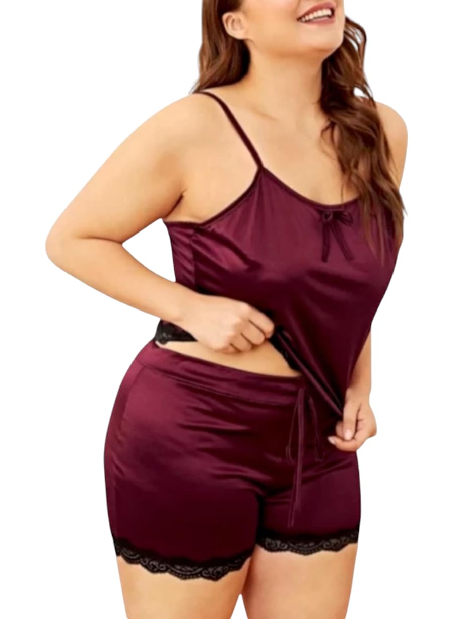Satin Cami and Shorts Sleepwear Set, Maroon with Lace Trim, Adjustable Straps-image-35