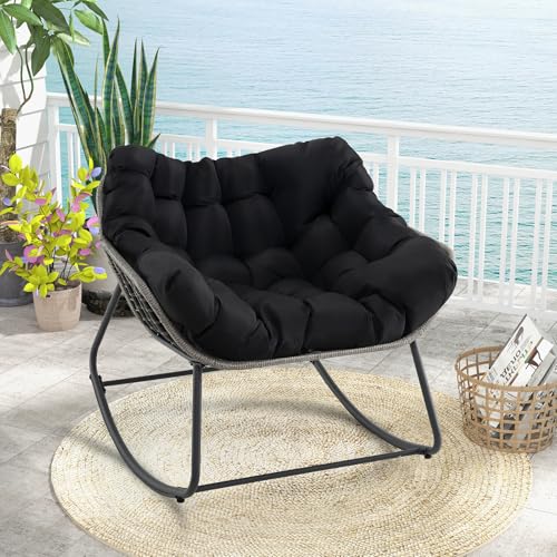 GIANTEX Chaise a Bascule, Coussin Doux Amovible, Assise en Rotin PE, Fauteuil a Bascule Large et Enveloppant, Structure en Métal, Rocking Chair pour Salon, Bureau,...