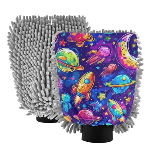 IOACIY Absorbent Microfiber Car Wash Drying Mitts, 2 Pack, Scratch-Free & Lint-Free, Rich Foam, Highly Absorbent, Double Sided, Wash Mitt Perfect for Car Washing, L, Universe Starry Sky Rocket (8)