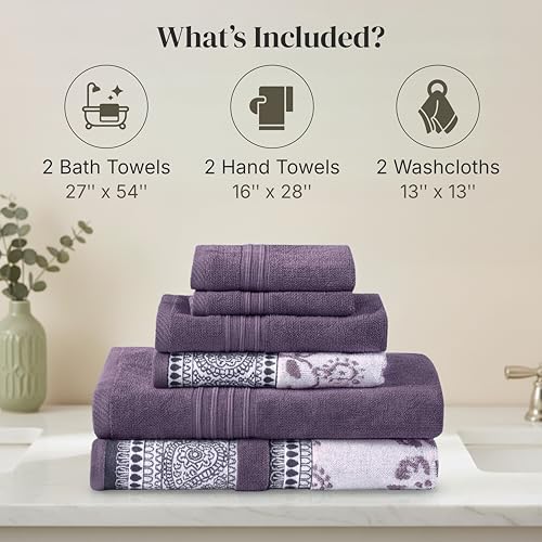 Image of Modern Threads 6 Piece Bath Towel Set - Bathroom Set with 2 Bath Towels, 2 Hand Towels, and 2 Wash Cloths - 100% Cotton, Super Absorbent & Extra Soft - Reversible Floral Trail (Purple)