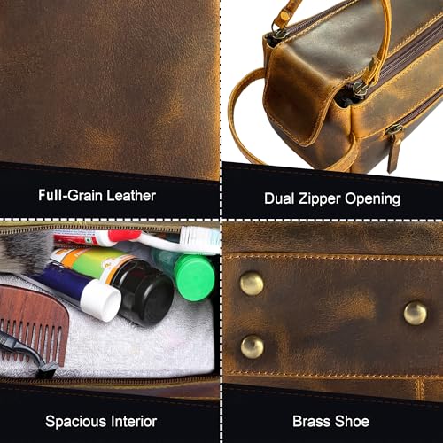 Image of Leather Toiletry Bag for Men & Women - Multifunctional Travel Organizer, Shaving Kit, Makeup Kit, Cosmetic Pouch - Travel Toiletries Gifts for Men