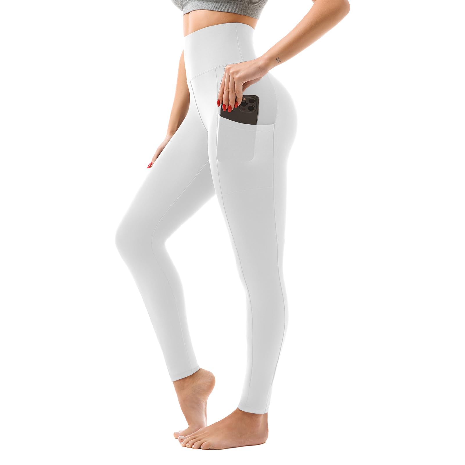 SINOPHANT High Waisted Leggings with Pockets Women, Full Length Capri Buttery Soft Stretchy Yoga Pants(Full White,S-M)