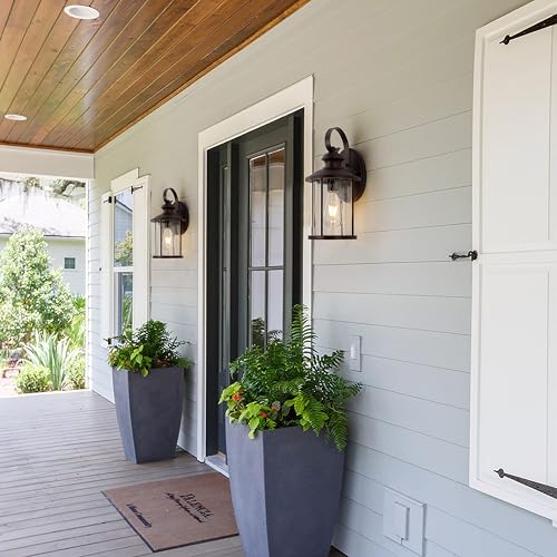 Image of MICSIU 13.75 inch Bronze Vintage Farmhouse Round Outdoor Wall Light 2 Pack | 100W Max, Clear Seedy Glass, Exterior Porch Sconce for House, Garage, Front Door, Deck