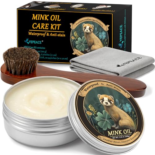 yepeace Mink Oil for Leather Boots, 3-Piece Leather Conditioner Kit with Horsehair Brush and Microfiber Cloth, 3.53 oz Leather Cleaner and Conditioner for Shoes, Bags and Saddles