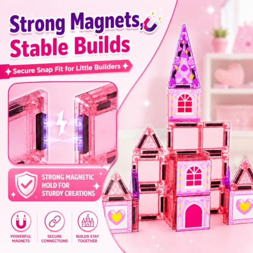Image of Mini Magnetic Tiles 28PCS Princess Castle Pink Set for Kids Ages 3+