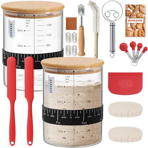 RYTOXILO Sourdough Starter Jar Kit, 50 Oz Glass Large Sour Dough Jars Wide Mouth for Beginners, 10 Pcs Bread Starter Container Set with Bamboo Lid, Sourdough Jar with Bread Baking Supplies Accessories