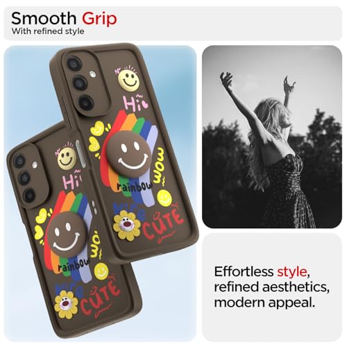 Image of Pikkme Back Cover for Samsung Galaxy A26 5G | Soft Silicone| Cute Rainbow Smile & 3D Cartoon Flower Design | Shockproof Raised Camera Protection Bumper Case (Brown)