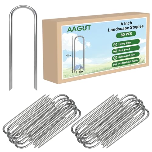 AAGUT 4 Inch Landscape Stakes 80 Pack Garden Drip Irrigation Tubing Stakes Heavy Duty 14 Gauge Galvanized Ground Staples Lawn U Hooks for Soaker Hose Chicken Wire Chain Link Fence Dog Fence