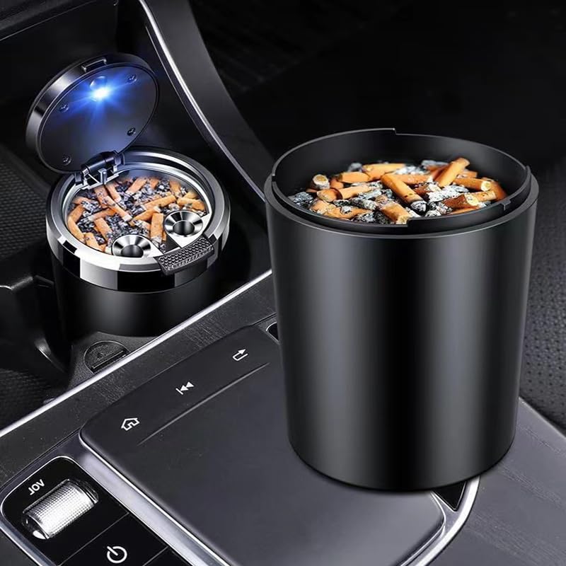 Posacenere Auto Con LED E Coperchio Antivento | Portabicchieri Staccabile In ABS E Ceramica, Modello Carbonio, Luce Notte Automatica