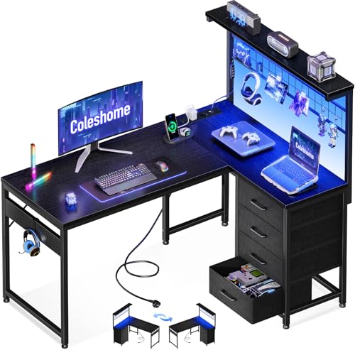 Coleshome Gaming Tisch mit LED, 110 × 80 cm Reversibler Gaming Schreibtisch mit Schubladen & Steckdosen, Eckschreibtisch mit Ablagefach & Stauraum, Schwarz