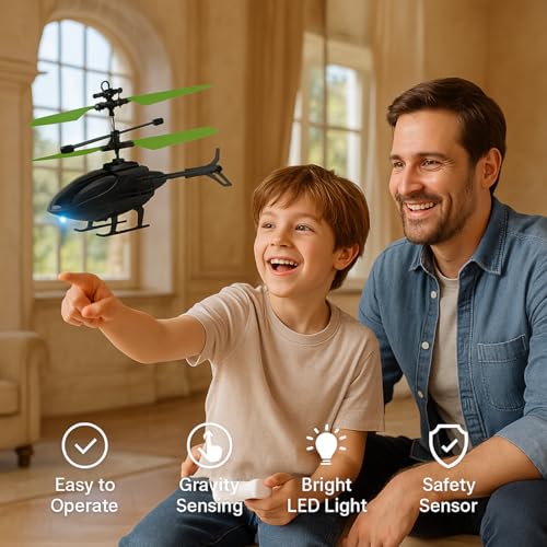 Image of Gravity Sensor Helicopter Toy for Boys with Safety Sensor, Indoor Palm Sensing, Rechargeable with LED Lights I Pack of 1 | For Kid (Black Green)