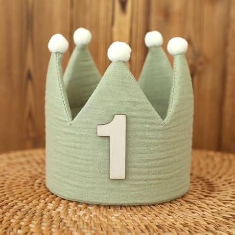 HODIHIWI Muslin Crown Hat First Birthday For Baby Boy Party Decoration 1st Sage Green Headband Cover