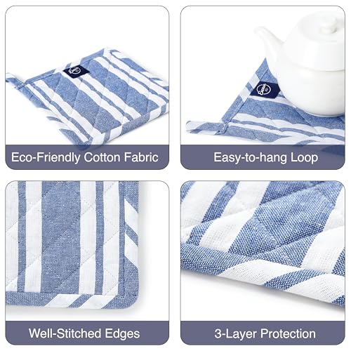 Image of Encasa XO Oven Microwave Pot Holders Trivets 21 cm (2 pc) for Kitchen Cooking & Baking - Heat Resistant, Thick & Safe, Protection of Hands from Hot Utensils, Grill, BBQ - Franca Blue Stripes
