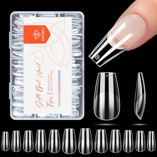 Image of Modelones Medium Coffin Nail Tips Pre-shaped Soft Gel Fake Nails False Full | Fake Nails False Acrylic Clear Full Cover Press on Extension Kit Gel Manicure DIY at Home 216PCS 12Sizes