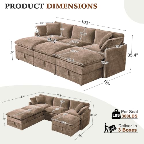 Image of Ihanherry Oversized Sectional Sofa Bed with Storage, 103 inch 6-Seater Modular Cloud Couch with Movable Ottomans, Chenille Deep Seat Sleeper Couches for Living Room (Brown)