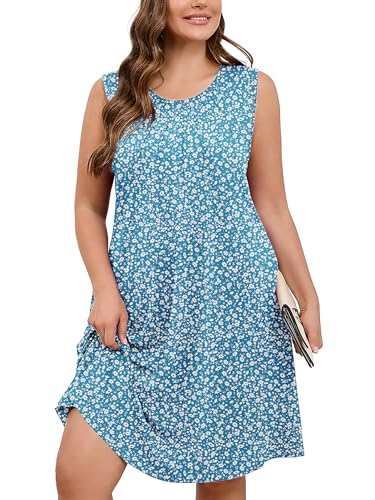 AusLook Plus Size Floral Midi Dress for Women Sleeveless Casual Summer Tank 3X Dress with Pockets Round Neck A-Line Swing Flowy Vacation Beach Sundress